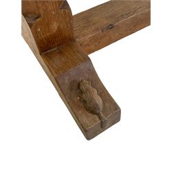 'Beaverman' oak coffee table, rectangular adzed top on twin octagonal pillar supports, sledge feet connected by floor stretcher, carved with beaver signature, by Colin Almack of Sutton-under-Whitestonecliffe