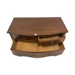 Georgian design mahogany bow front serving table, fitted with two short drawers and one large drawer disguised as apron, raised on square tapering supports with spade feet