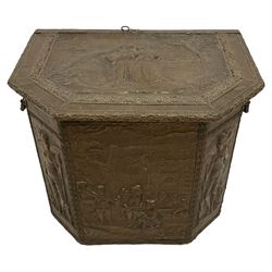 Large 19th century wooden and brass repousse coal box, rectangular form with canted front, enclosed by hinged lid decorated with figural countryside scene, the front panel depicting tavern scene at the 'Scours Contre la Soif' and initialled 'Ete', the remaining panels decorated with mythical scenes, with metal lining and hinged carrying handles, on castors

