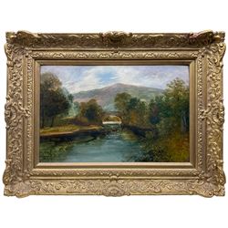 English School (Early 20th century): Highland River Landscape with Bridge, oil on board indistinctly signed 29cm x 44cm