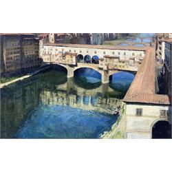 English School (20th century): Ponte Vecchio over Arno River - Florence, oil on board indistinctly signed 40cm x 65cm