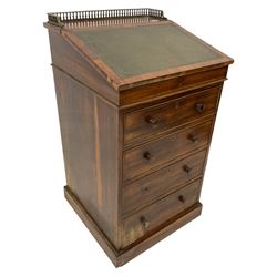 19th century rosewood Davenport desk, the top with brass gallery over sloped hinged top with leather inset, the interior with three drawers, sliding pen compartment to side, fitted with four frontal cock-beaded drawers, on plinth base