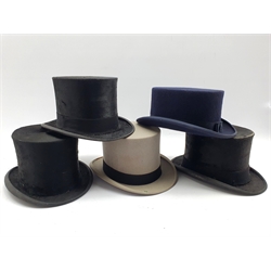 Grey top hat by Bates of London in leather case, two black top hats by Lock & Co., another by Christys, London and a ladies black top hat by Christys