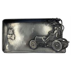 WMF pewter rectangular shallow dish with a raised pattern of a vintage car and driver raised on short supports 23cm x 12cm