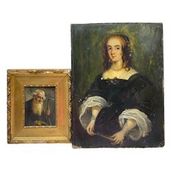 After Cornelis Jonson Van Ceulen (Anglo-Dutch 1593-1661): Portrait of a Woman, 19th century oil on board unsigned; Continental School (Early 20th century): Portrait of a Bearded Shepherd, oil on panel indistinctly signed max 34cm x 26cm (2)