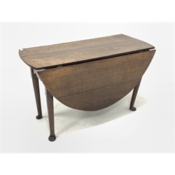 Georgian oak drop leaf gateleg table, with oval top over drawer to one end and shaped apron, raised on turned supports terminating in pad feet, W118cm