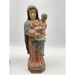 Coptic cross finial with pierced decoration, Northern European polychrome Madonna and Child carved wooden statue together with metal candle snuffer max H39cm