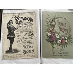 An album of Victorian and later sheet music covers to include The Lark's Flight by Elile Braga, The Nightingale Waltz, The Rippling River, Figaro Polka, Singing to you and many others (approx 38 plus some later printed copies). Provenance: From the Estate of a Local private collector 