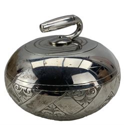 Victorian silver circular box in the form of a curling stone with hinged lid and engraved  decoration D7.5cm Edinburgh 1894 Maker R & H B Kirkwood, Thistle St. Edinburgh 