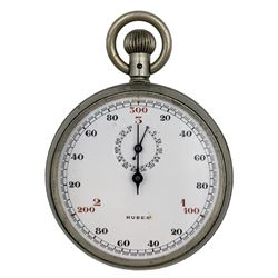 WW2 Huber nickel cased stopwatch, engraved to the back with eagle and Swastika emblem above a letter M, but has been scratched