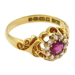 Edwardian 18ct gold round cut ruby and diamond cluster ring, Birmingham 1905, in J.W.Benson London box