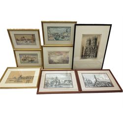 Italian School (Early 20th century): Venice Canals, set three watercolours unsigned together with another Venetian watercolour, two engravings of Venice and an etching of York Minster (8)