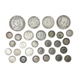 Approximately 100 grams of pre 1920 Great British silver coins, including Queen Victoria 1887 double florin, 1893 shilling, King Edward VII, various silver threepence pieces etc