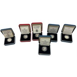 Six The Royal Mint United Kingdom silver proof one pound coins, dated 1984, 1988 piedfort, 1989, 1989 piedfort, 1994 and 1998, all cased with certificates