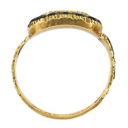 George IV 18ct gold mourning ring, the central glass panel with surround of black glass beads, with openwork bifurcated scroll carved shoulders, set with enamel, the inner head inscribed 'In Memory of Philip White 11 April 1829 at 54', London 1829