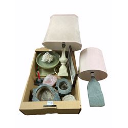 Onyx oval dish and pedestal bowl, alabaster lamp, slate lamp, matching slate planters, rose quartz dish etc in one box