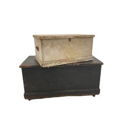 Victorian stained pine blanket box the hinged lid revealing painted interior fitted with candle tray, raised on a skirted base and castors (W95cm) together with a 19th century pine box with hinged lid W66cm