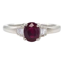 18ct white gold oval ruby and baguette cut diamond ring, hallmarked, ruby approx 1.00 carat