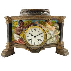 Spelter cased mantle clock with a French striking movement c1905, case with a depiction of two English Boar War solders in combat, modelled on a raised base entitled  “The Last Stand”, later painted spelter case with an 8-day movement striking the hours on a bell, enamel dial with Roman numerals, minute markers and non-matching steel hands.  No pendulum or Key.
Clock cases such as this depicting heroic and virtuous deeds were very popular at the beginning of the 20th century, produced mainly on the continent with large numbers being exported to England.


