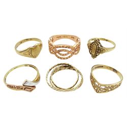 9ct gold jewellery including six rings and a pair of rose gold pendant stud earrings, all stamped or hallmarked