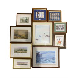 Collection of watercolours, prints and two framed collections of player's cigarette cards (10)