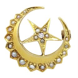 Victorian 18ct gold seed pearl and old cut diamond crescent and star brooch, stamped SS 18 