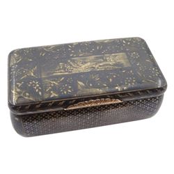 19th century Russian silver and niello work rectangular box with small landscape panels surrounded by flowers and with gilded interior and thumbpiece W8cm Moscow mark and makers mark 'AA', and another with geometric decoration W8cm  