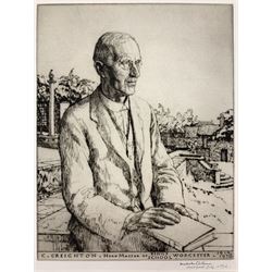 Malcolm Osborne (British 1880-1963): 'C Creighton Headmaster of King's School Worcester 1919-1936', trialproof etching signed titled and dated July 1936 in pencil 28cm x 21cm 
Notes: Cuthbert Creighton (1876-1963) was headmaster of King's 1919-1936 and again 1940-1942. Born 26th July 1876, his father Mandell Creighton (1843-1901) a noted historian and Bishop of London, Cuthbert studied languages at Emmanuel College, Cambridge, going on to teach Classics, French and Divinity before becoming headmaster at age 42. 
Please note the photograph of Creighton is not included in the lot and is shown for reference only.
