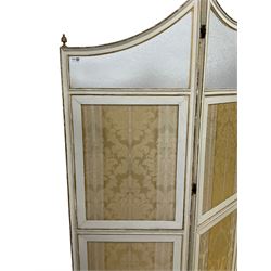 Late 19th century parcel gilt three-panel folding screen, curved upper rails over mottled glass and upholstered panels, moulded frame