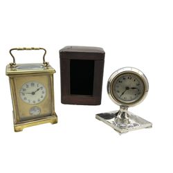 Silver Art Deco timepiece clock and a late 19th century French carriage clock in a case. Corniche carriage clock with a gilt dial mask, enamel dial with Arabic numerals and a cylinder platform escapement. Silver Art deco timepiece with a German movement wound and set from the rear. Hallmarks rubbed.