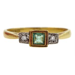 Early 20th century gold three stone milgrain set princess cut emerald and illusion set diamond ring, stamped 18ct Plat
