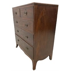 Early 19th century mahogany chest, rectangular crossbanded top, fitted with two short over three long graduating cock-beaded drawers, on splayed feet