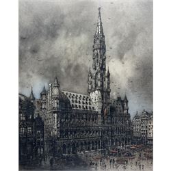 After Camille Fonce (French 1867-1938): Brussels Town Hall - Belgium, pair etchings and aquatints with hand-colouring signed in pencil pub. Paris 1917, 60cm x 47cm (2)