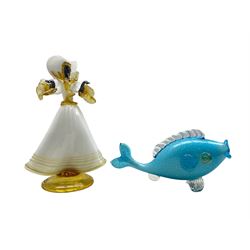 Murano glass model of a fish, clear and blue body with internal silver foil aventurine, possibly by Seguso L34cm together with a Murano glass figure of a female dancer by  Franco Toffolo, signed and dated 1975 H38cm (2)