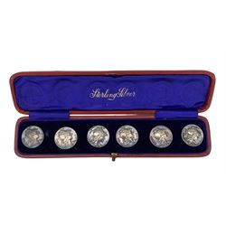 Set of six cast silver buttons of Art Nouveau design with the head of Minerva in original box Sheffield 1951 Maker James Dixon & Son
