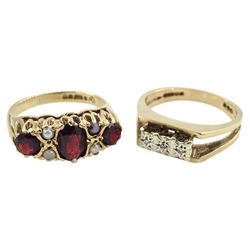 Gold garnet and pearl ring and a gold three stone diamond chip ring, both hallmarked 9ct