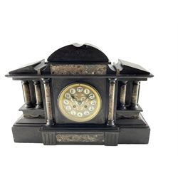 French - late 19th century Belgium slate 8-day mantle clock, with an architectural pediment and break front case, recessed contrasting marble pillars on a broad conforming pediment, dial with cartouche Arabic numerals and steel spade hands, rack striking Mougin movement , striking the hours and half hours on a coiled gong. With pendulum.