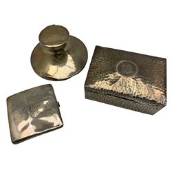 Hammered silver cigarette box 13cm x 9cm, silver capstan inkwell and a silver cigarette case 4.7oz weighable silver