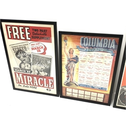 Three 1950's advertising posters: 'Four Reigns' Illustrated magazine, Columbia Pictures 1949 and Miracle Magazine, framed 55cm x 80cm