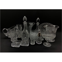 Assorted cut glass including an Edinburgh crystal decanter, a floral etched tankard, pedestal bonbon dish, bell shaped pedestal vase and other glassware 