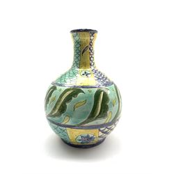 Della Robbia bottle shaped vase painted and incised with stylised leaf and scaled decoration, possibly by James Hughes, H20.5cm 