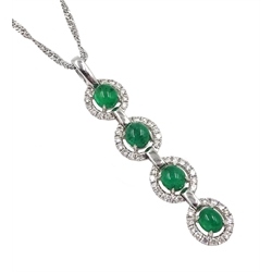 18ct white gold emerald and diamond pendant, four oval cabochon emeralds, with diamond halo surrounds, stamped K18, on 9ct white gold chain hallmarked, total emerald weight 2.00 carat, total diamond weight 0.57 carat