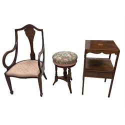 Edwardian inlaid mahogany two tier bedside or washstand, Edwardian inlaid elbow chair with upholstered seat; dressing stool with upholstered spinning seat raised on turned supports (3)