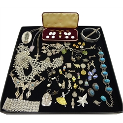 Collection of silver and stone set silver jewellery including bangles, bracelets, scarab beetle bracelet with matching earrings, charm bracelet, charms, brooches and other vintage costume jewellery and set of Meakers cufflinks boxed