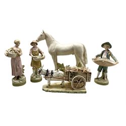 Large Royal Dux model of a Horse, post 1918 marks beneath H35cm, pair of Royal Dux male and female figures holding a basket of flowers and fruit numbered 1838 & 1839 and two other Royal Dux figures (some a/f) (5)