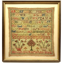 Victorian sampler worked with the alphabet, verse, tree and flowers Hannah D Camplejohn, aged 9, framed 30cm x 33cm 