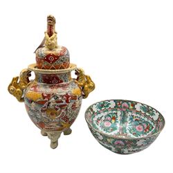 Japanese Satsuma vase and cover on tripod supports and a Chinese punch bowl (2)