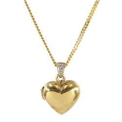 9ct gold heart pendant necklace, the bail set with a single stone diamond, hallmarked