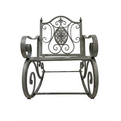 Washed grey finish wrought metal rocking garden armchair, pierced back with scroll design over strap seat