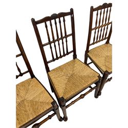 Set six spindle back chairs with rush seats, raised on turned supports 